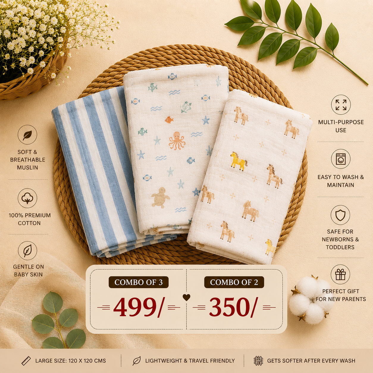 Pure Muslin Towels combo pack | swaddle 120*120cm