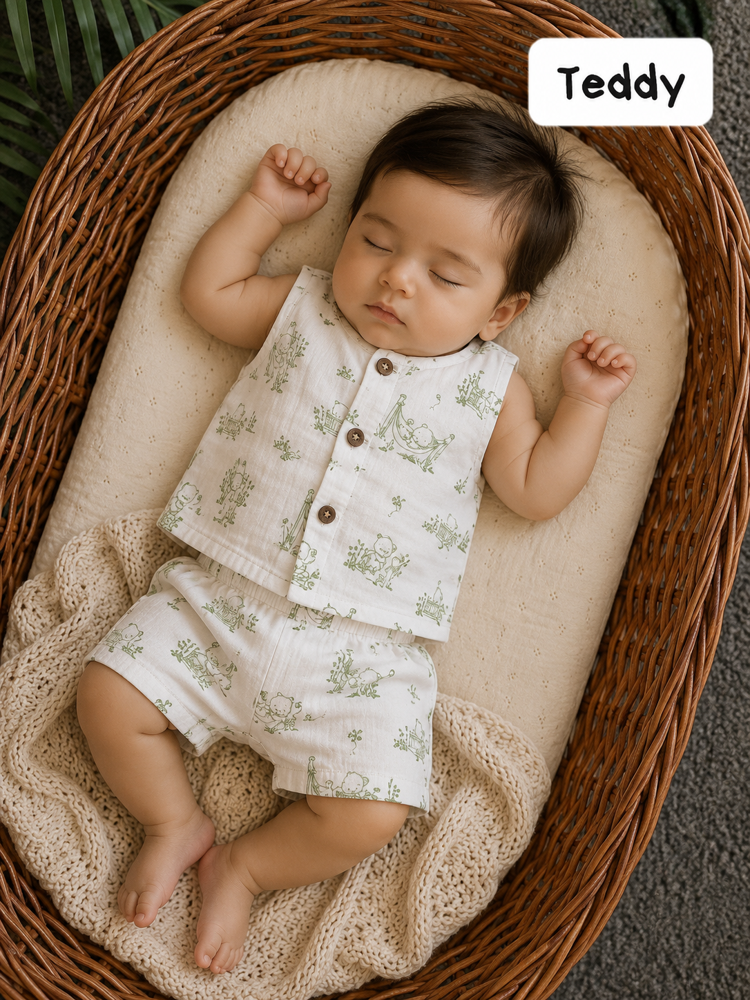 Front Open Sleeveless Muslin Short Sets | 0-1yr