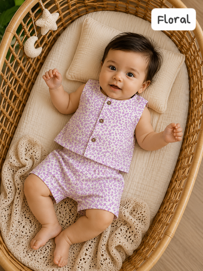Front Open Sleeveless Muslin Short Sets | 0-1yr