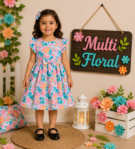Frill Sleeve Bow Cotton Frocks 1-4yrs