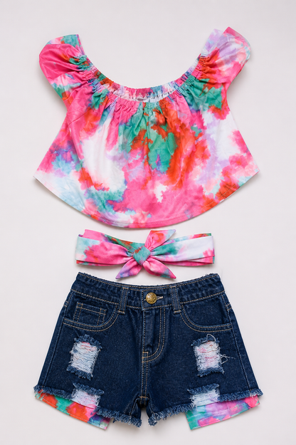 Rainbow Breeze Tie-Dye Western Set | Torn jeans Short| Best Buy