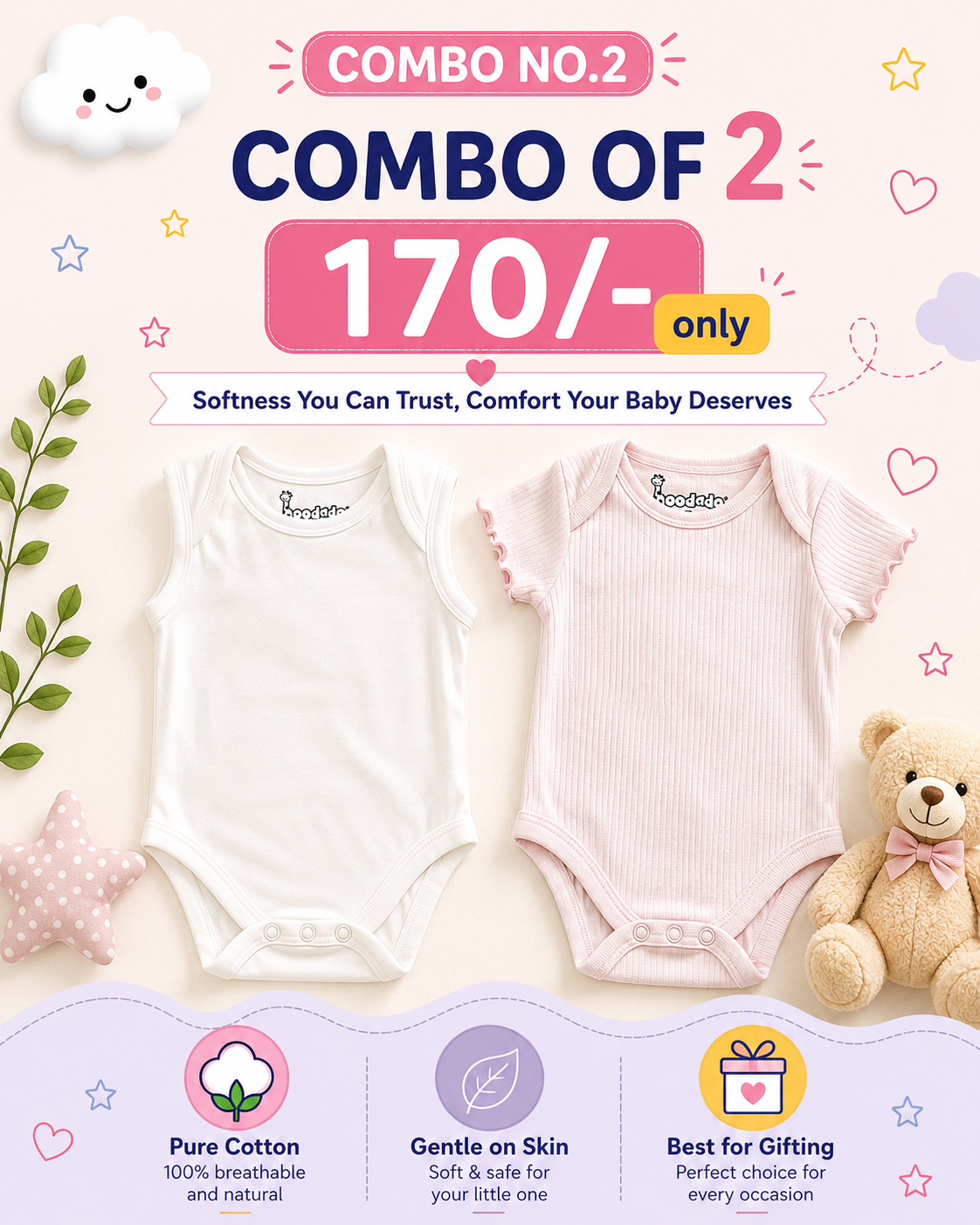 Premium Onesies for Newborn | Combo of 2 | Soft and Breathable