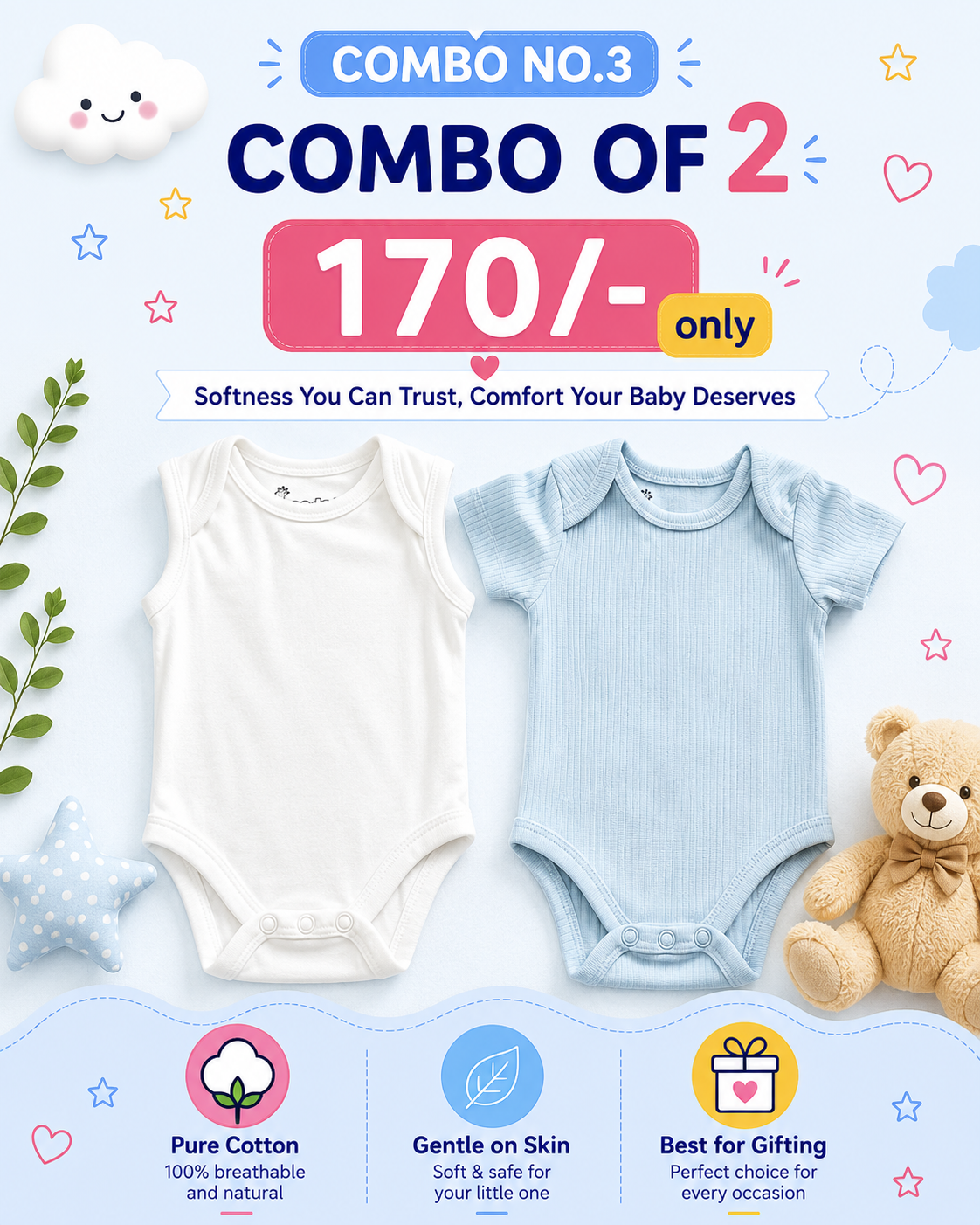 Premium Onesies for Newborn | Combo of 2 | Soft and Breathable
