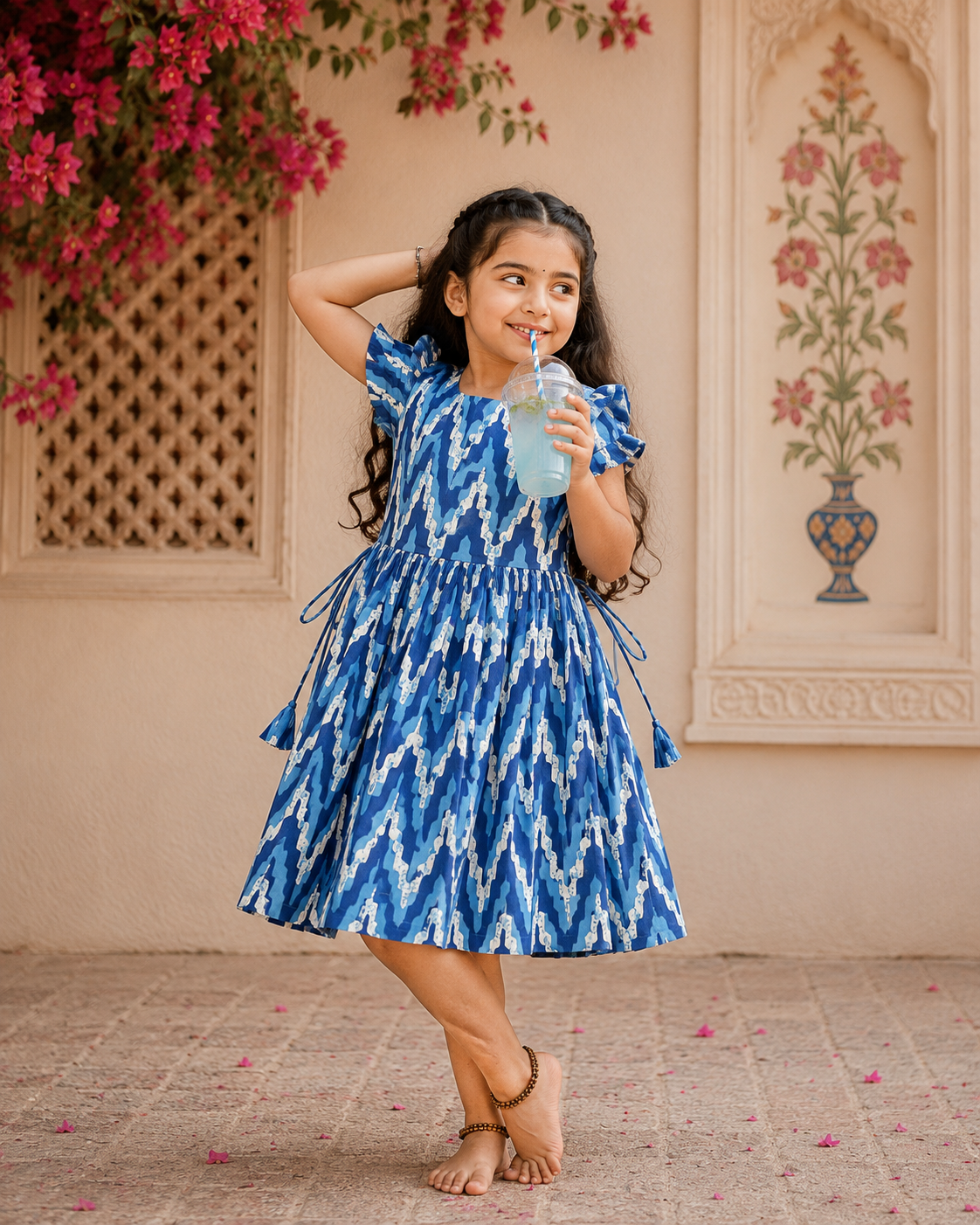 Cotton Frill Sleeve Frocks with Adjustable thread|1 to 9yrs| Ocean Ikat Frock