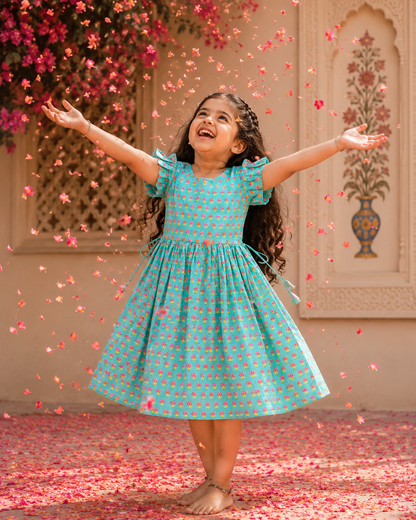 Cotton Frill Sleeve Frocks with Adjustable thread|1 to 9yrs| Sea Blue Floral Frock