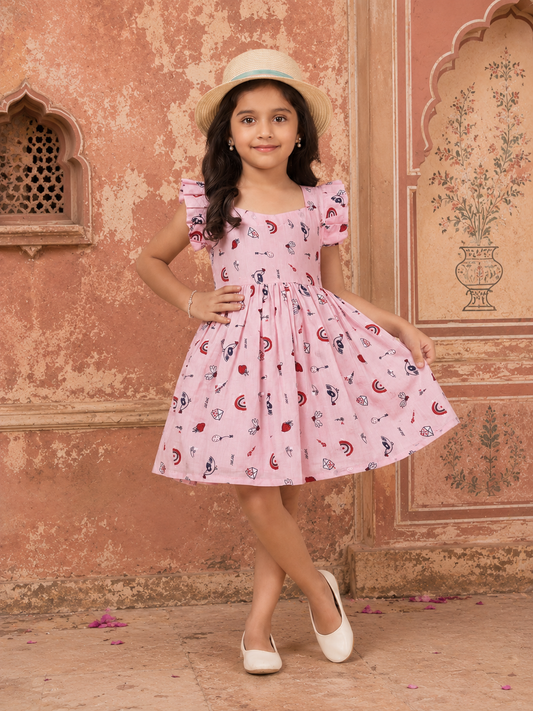 Cotton Frill Sleeve Frocks with Adjustable thread|1 to 9yrs| Pink Doodles Frock