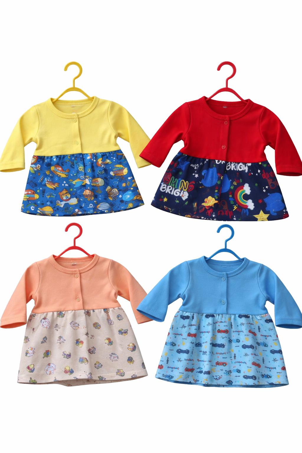 Baby Full-Sleeve Open button frocks(0-3 Months) Pack of 4