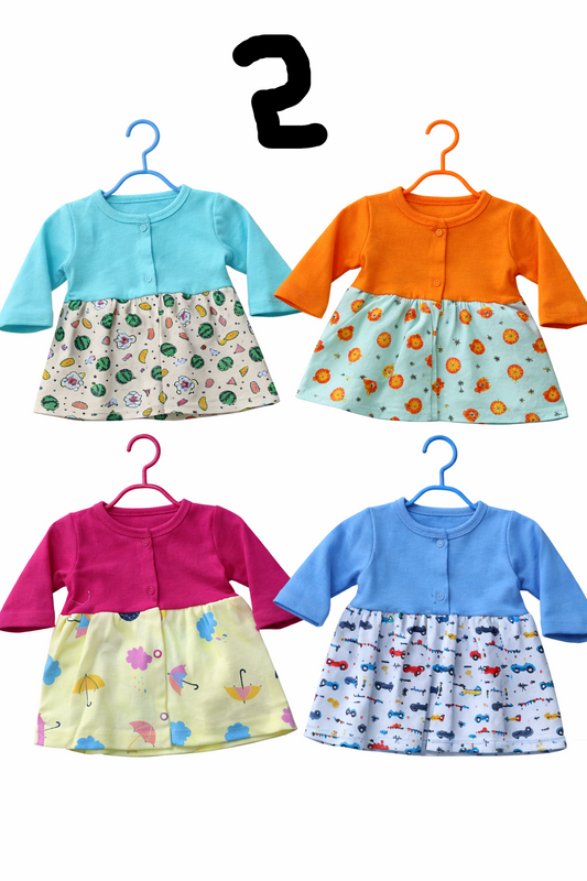 Baby Full-Sleeve Open button frocks(0-3 Months) Pack of 4