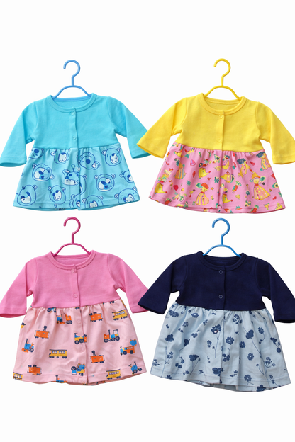 Baby Full-Sleeve Open button frocks(0-3 Months) Pack of 4