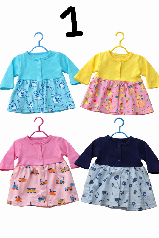 Baby Full-Sleeve Open button frocks(0-3 Months) Pack of 4