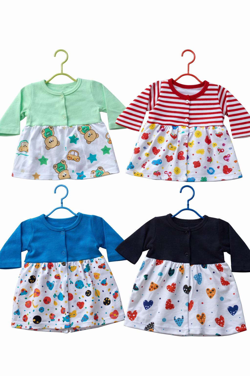 Baby Full-Sleeve Open button frocks (3-12m)(Pack of 4)