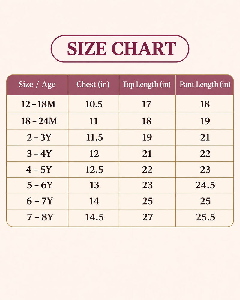 Size chart — Girls Festive Peplum Top & Dhoti Pant Set For 12 Months To 8 Years