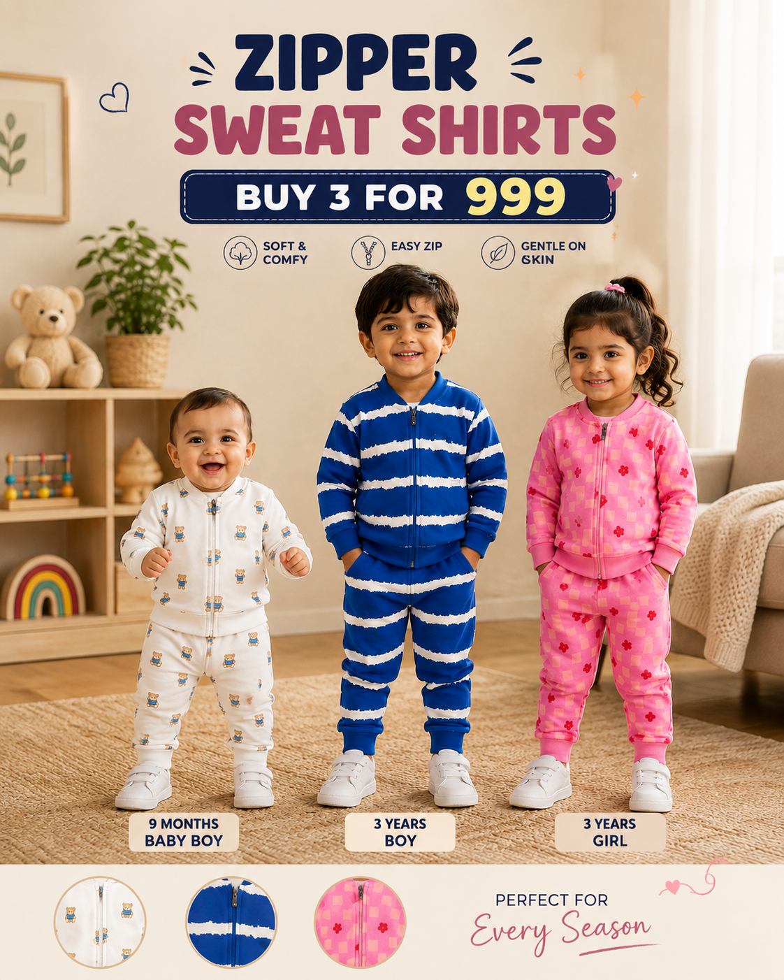 Unisex zipper Sweat Shirts Sets for 6m to 3yrs | loop knit Fabric