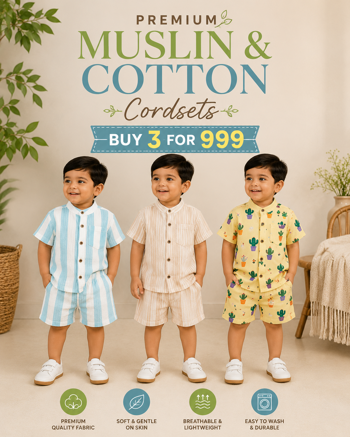 Premium boys cotton & muslin coord Sets | 1year to 5yrs| Premium Feels