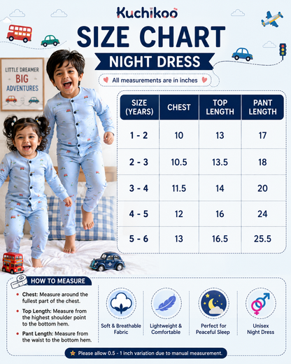 Full Sleeve Unisex Snap Button Night Sets for 1yr to 5yrs | Soft and Cozy Wear