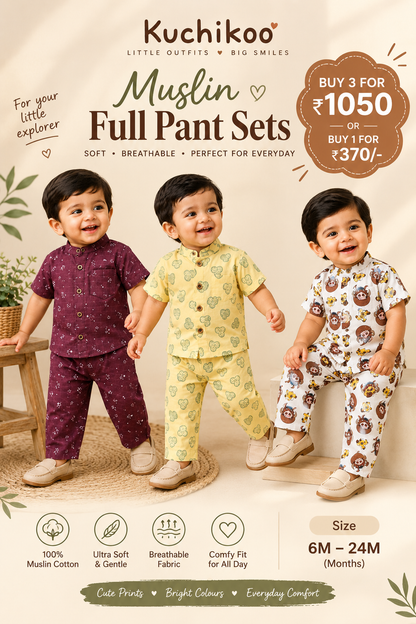 Chinese Collar Muslin Pant Sets for Boys | 6m to 18m
