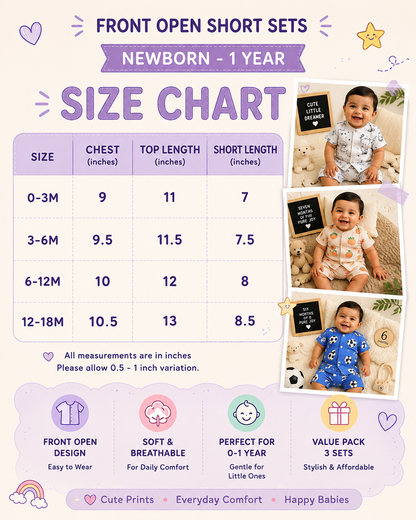 Baby Front Open Short Sets | 0 to 1yrs