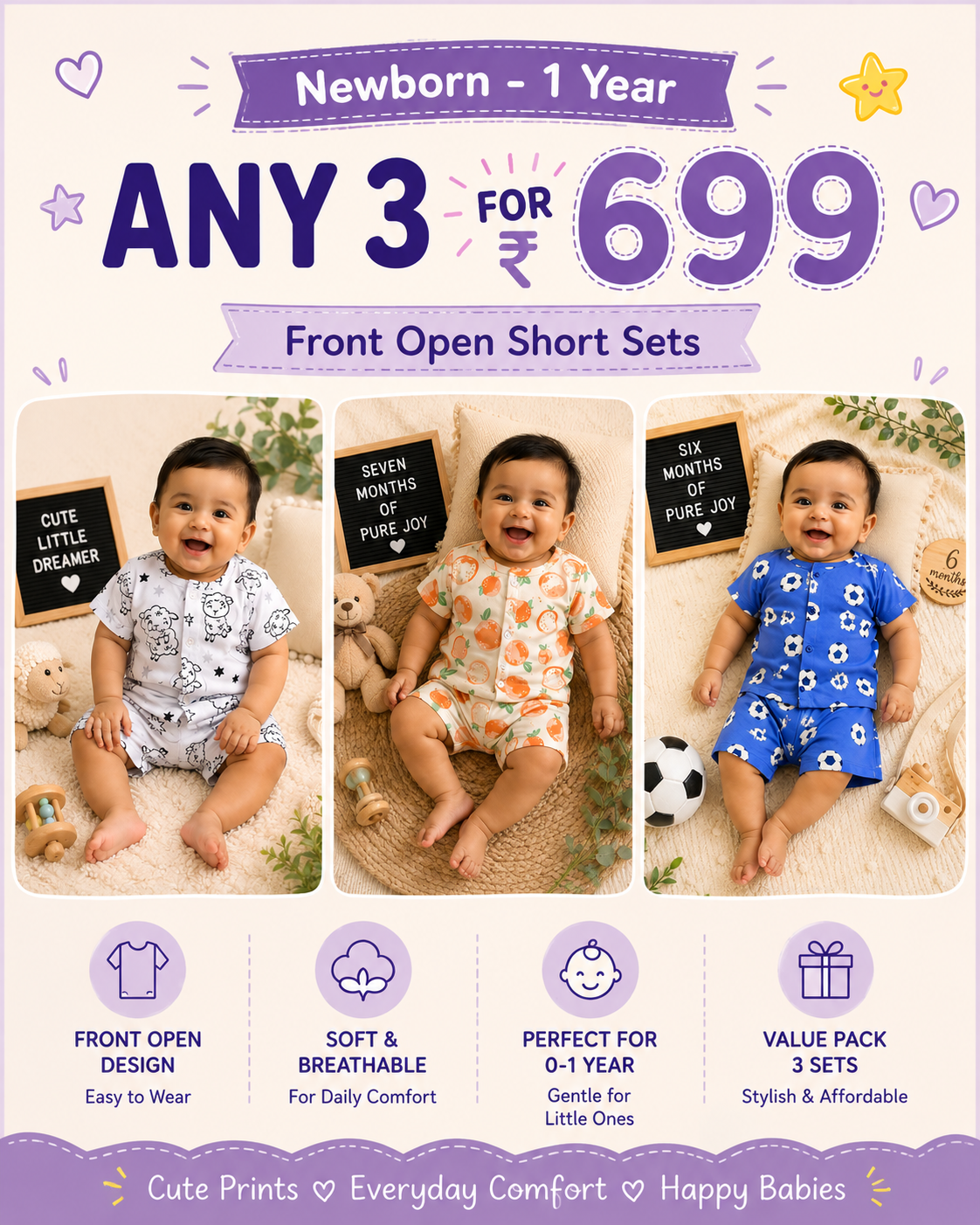 Baby Front Open Short Sets | 0 to 12months