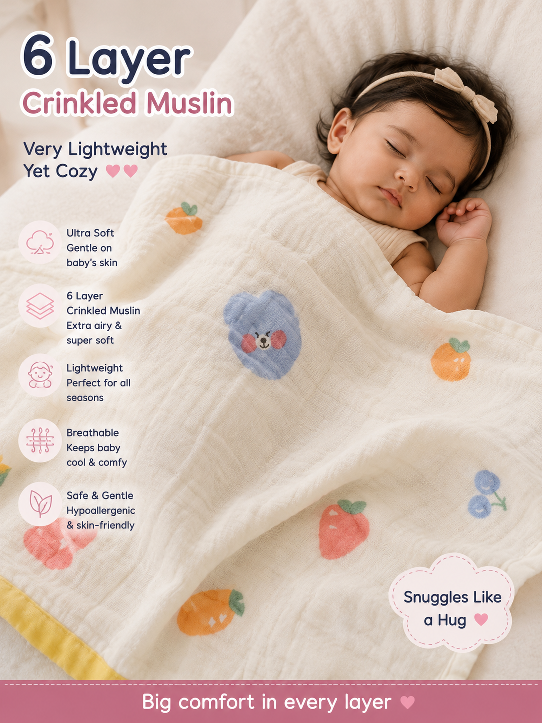 6 Layer Crinkled Muslin blankets | 110*110cms | Premium Muslin for baby and toddlers