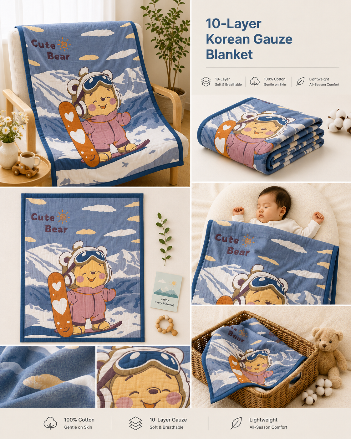 10-Layer muslin Korean Gauze Blanket | Soft Cotton Baby Blanket 160×125 cm