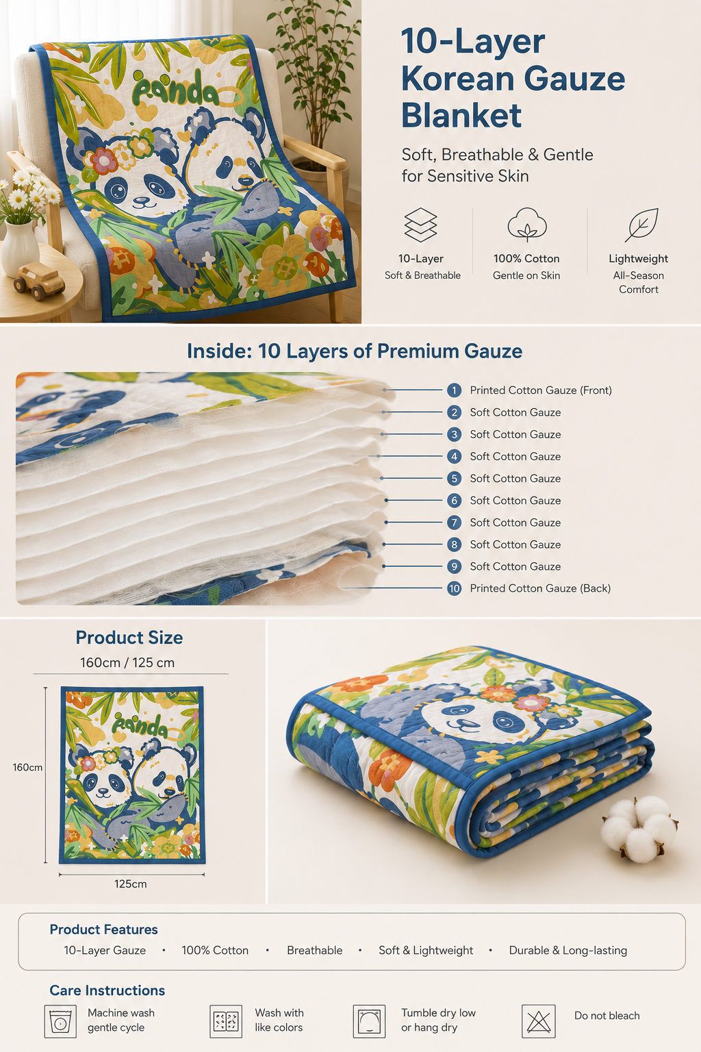 10-Layer muslin Korean Gauze Blanket | Soft Cotton Baby Blanket 160×125 cm