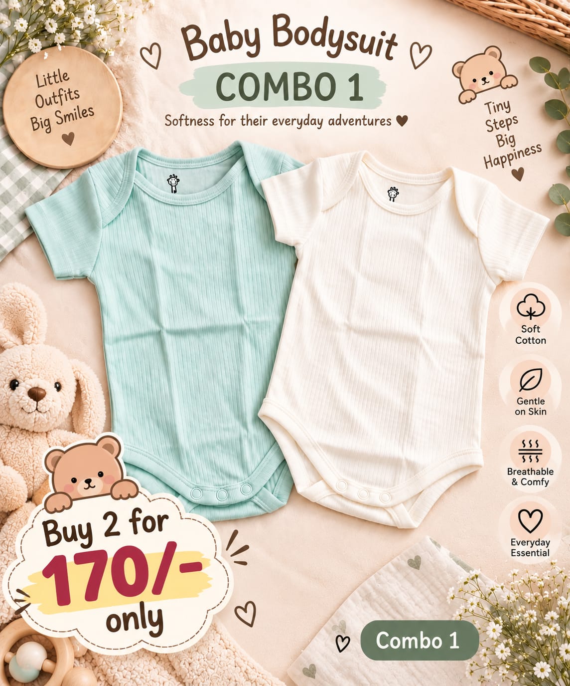 Premium Onesies For (0-6 Months )| Combo of 2 | Soft and Breathable