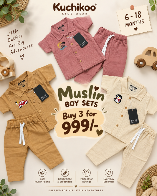 Boys Muslin Pant Sets (3 for 999) 6m to 24 Months | Soft and Breathable