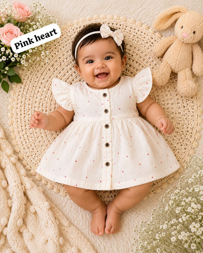 Baby Muslin full open button frocks (0-24 m), Soft & Comfortable