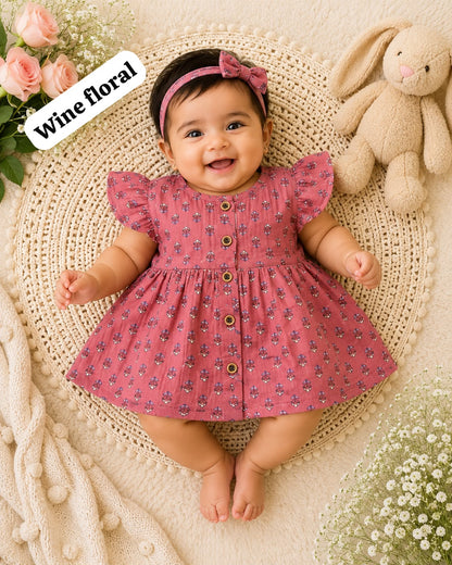 Baby Muslin full open button frocks (0-24 m), Soft & Comfortable