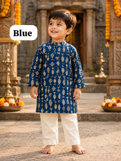 Boys Hand Block Print Kurta Sets, 1Year To 7 Years