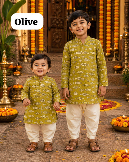 Boys Hand Block Print Kurta Sets, 1Year To 7 Years