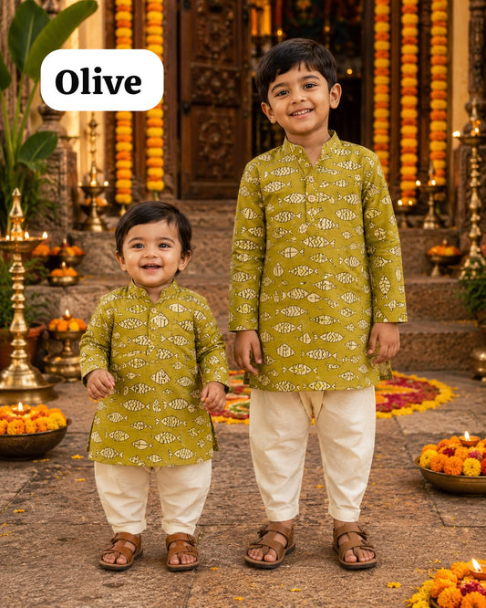 Boys Hand Block Print Kurta Sets, 1Year To 7 Years