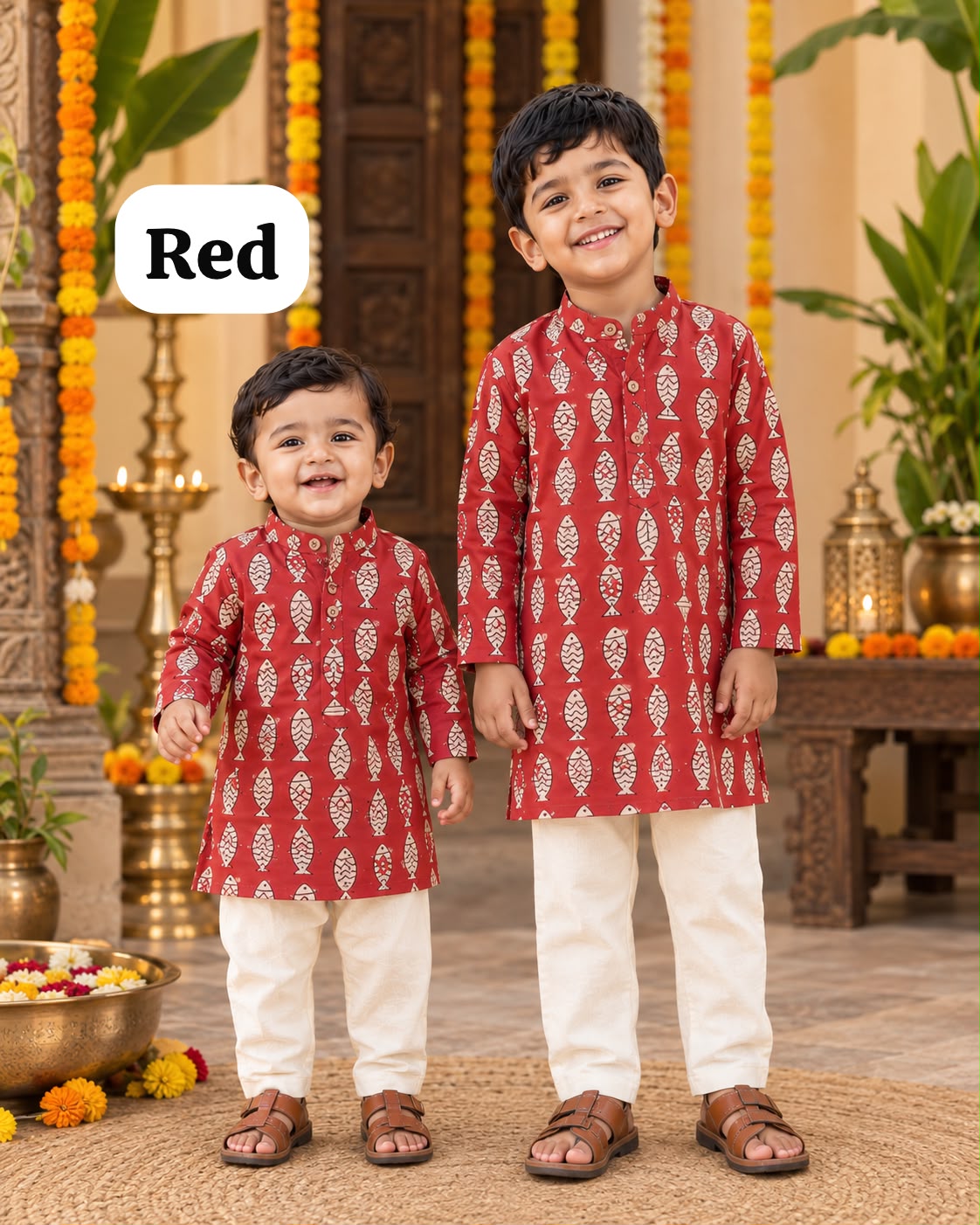 Boys Hand Block Print Kurta Sets, 1Year To 7 Years
