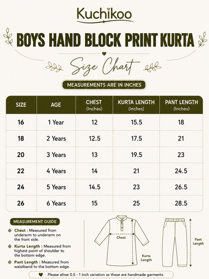 Boys Hand Block Print Kurta Sets, 1Year To 7 Years