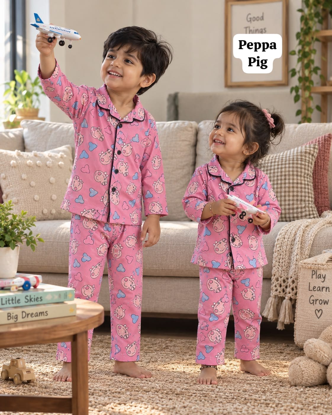 Full Sleeve Ribbed Cotton Collar Unisex Night Sets for 18m to 6yrs