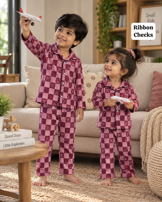 Full Sleeve Ribbed Cotton Collar Unisex Night Sets for 18m to 6yrs