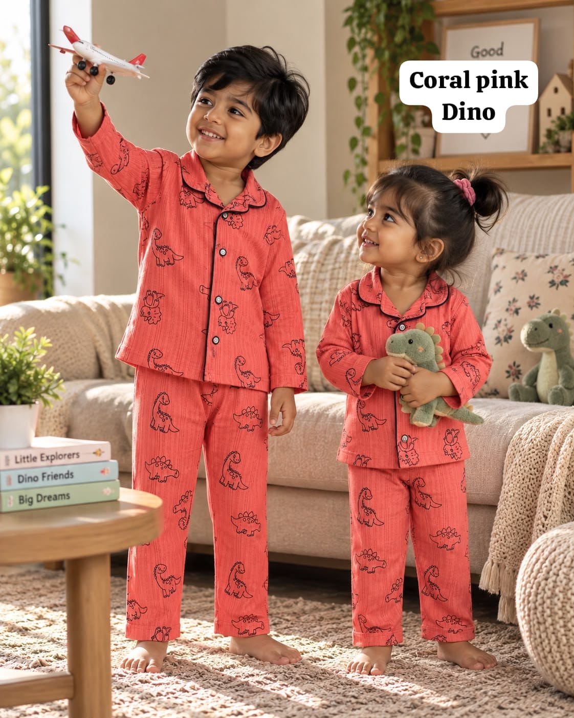 Full Sleeve Ribbed Cotton Collar Unisex Night Sets for 18m to 6yrs