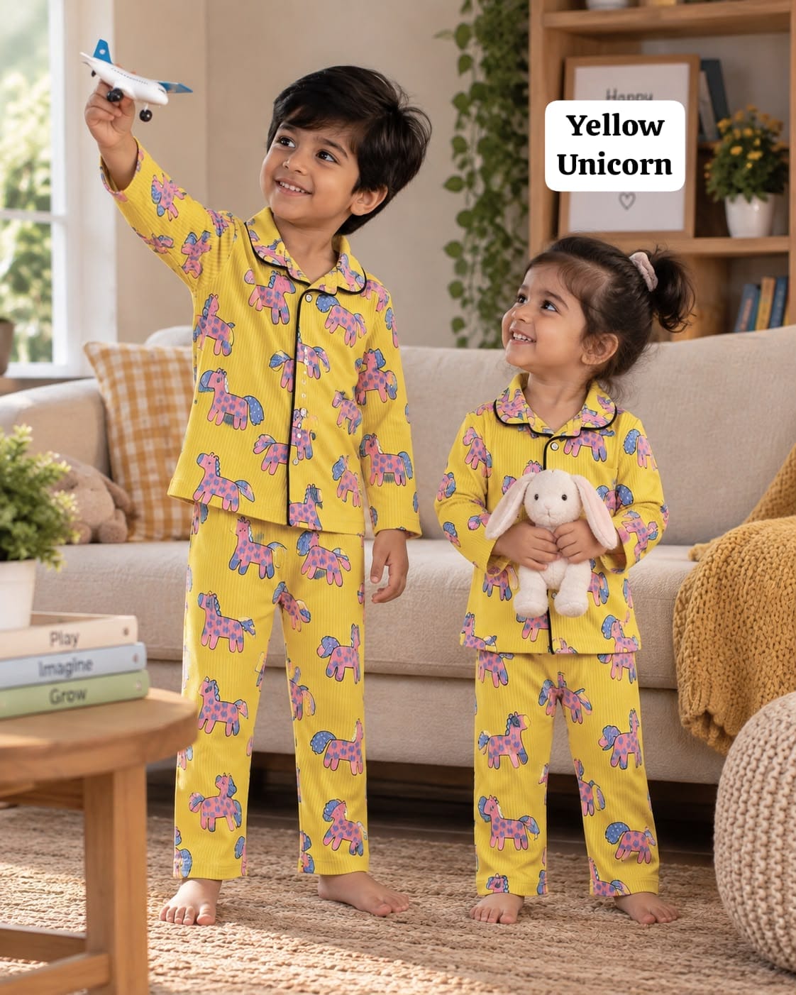 Full Sleeve Ribbed Cotton Collar Unisex Night Sets for 18m to 6yrs