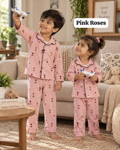 Full Sleeve Ribbed Cotton Collar Unisex Night Sets for 18m to 6yrs