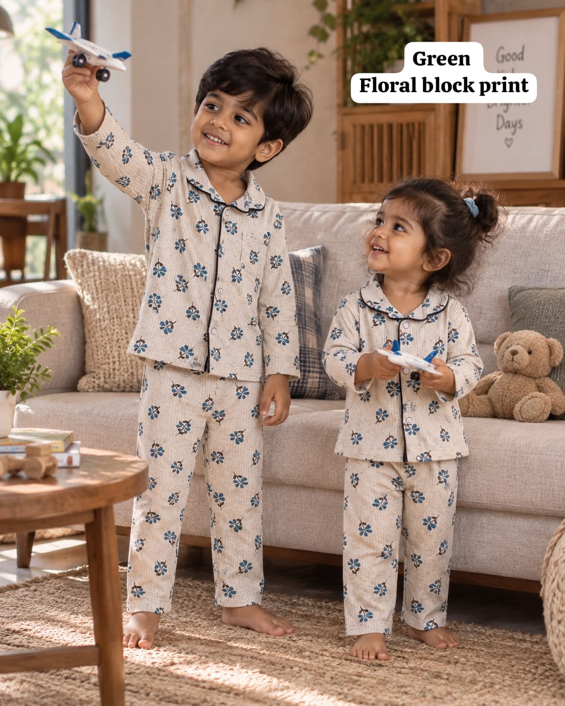 Full Sleeve Ribbed Cotton Collar Unisex Night Sets for 18m to 6yrs