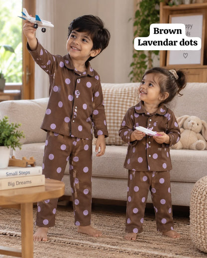 Full Sleeve Ribbed Cotton Collar Unisex Night Sets for 18m to 6yrs