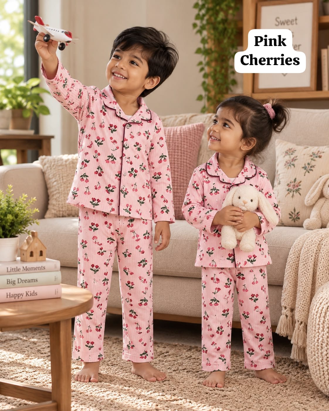 Full Sleeve Ribbed Cotton Collar Unisex Night Sets for 18m to 6yrs
