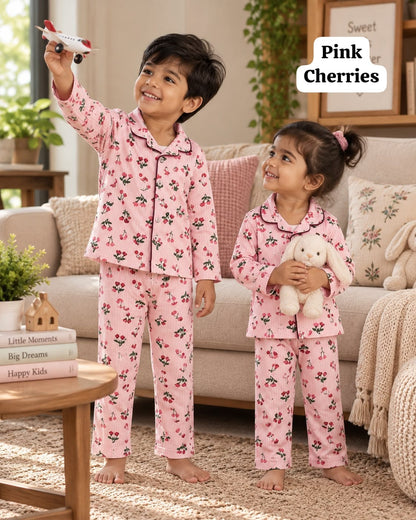 Full Sleeve Ribbed Cotton Collar Unisex Night Sets for 18m to 6yrs
