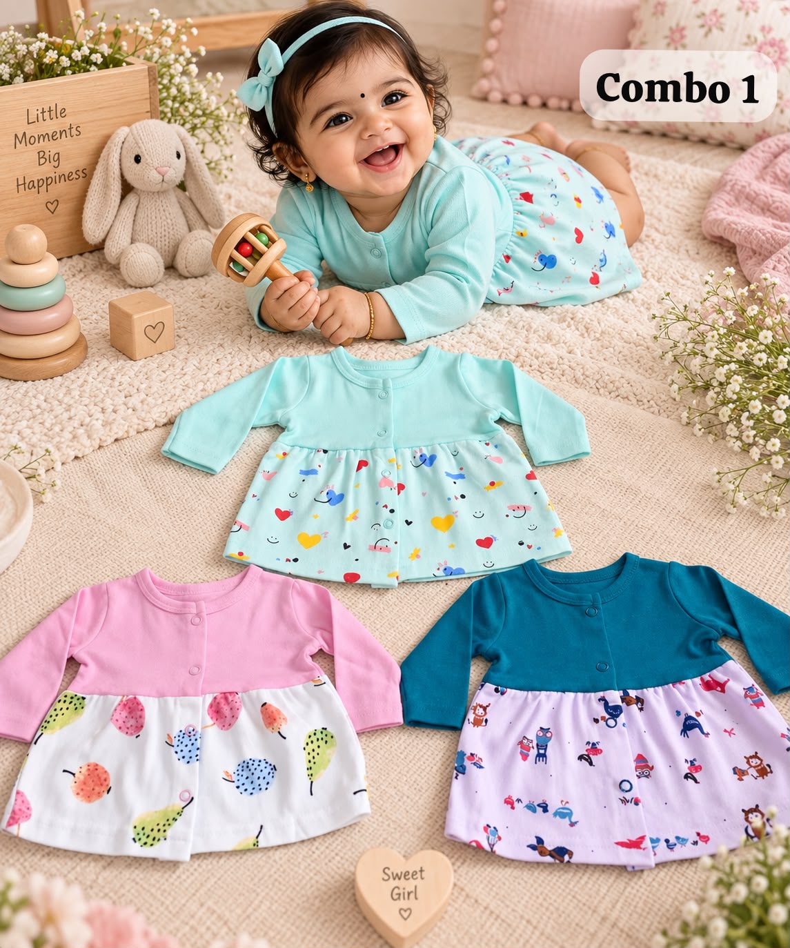 Front Open Cute full sleeve Frocks for Newborn to 2Years
