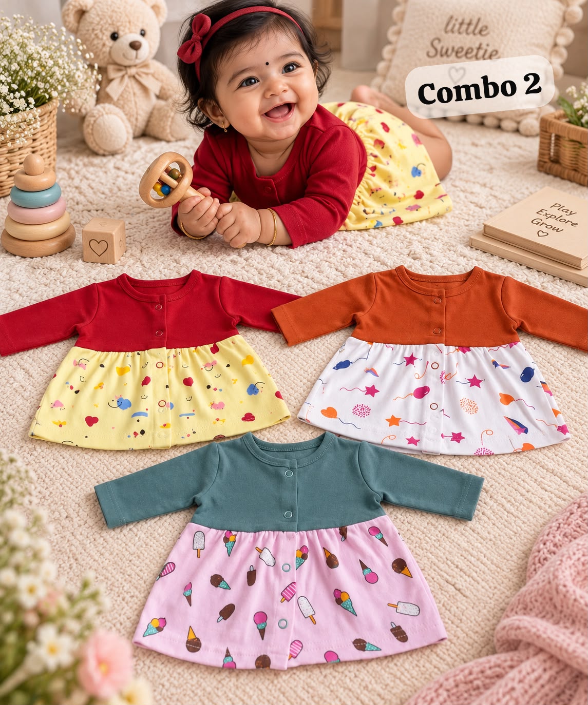 Front Open Cute full sleeve Frocks for Newborn to 2Years