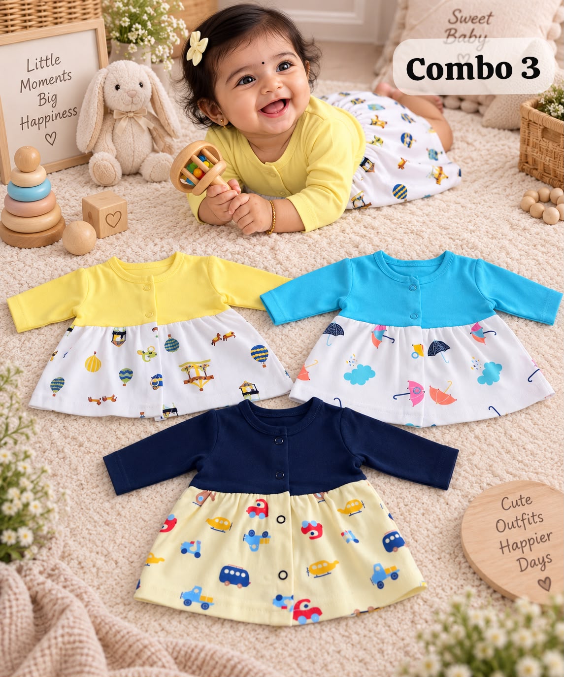 Front Open Cute full sleeve Frocks for Newborn to 2Years