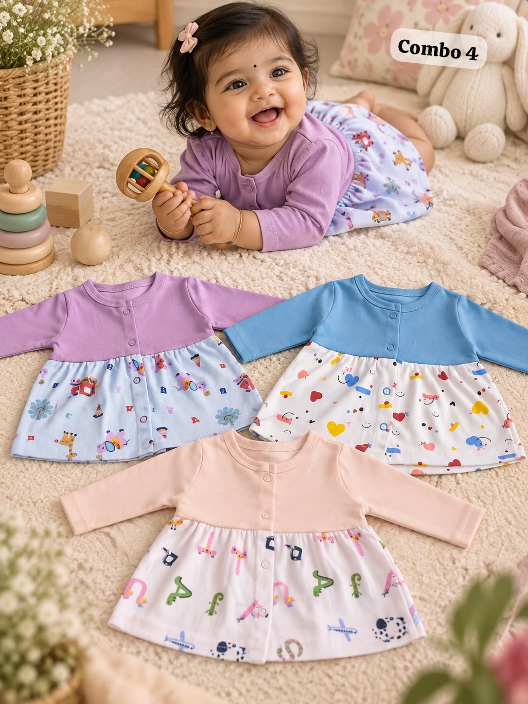 Front Open Cute full sleeve Frocks for Newborn to 2Years