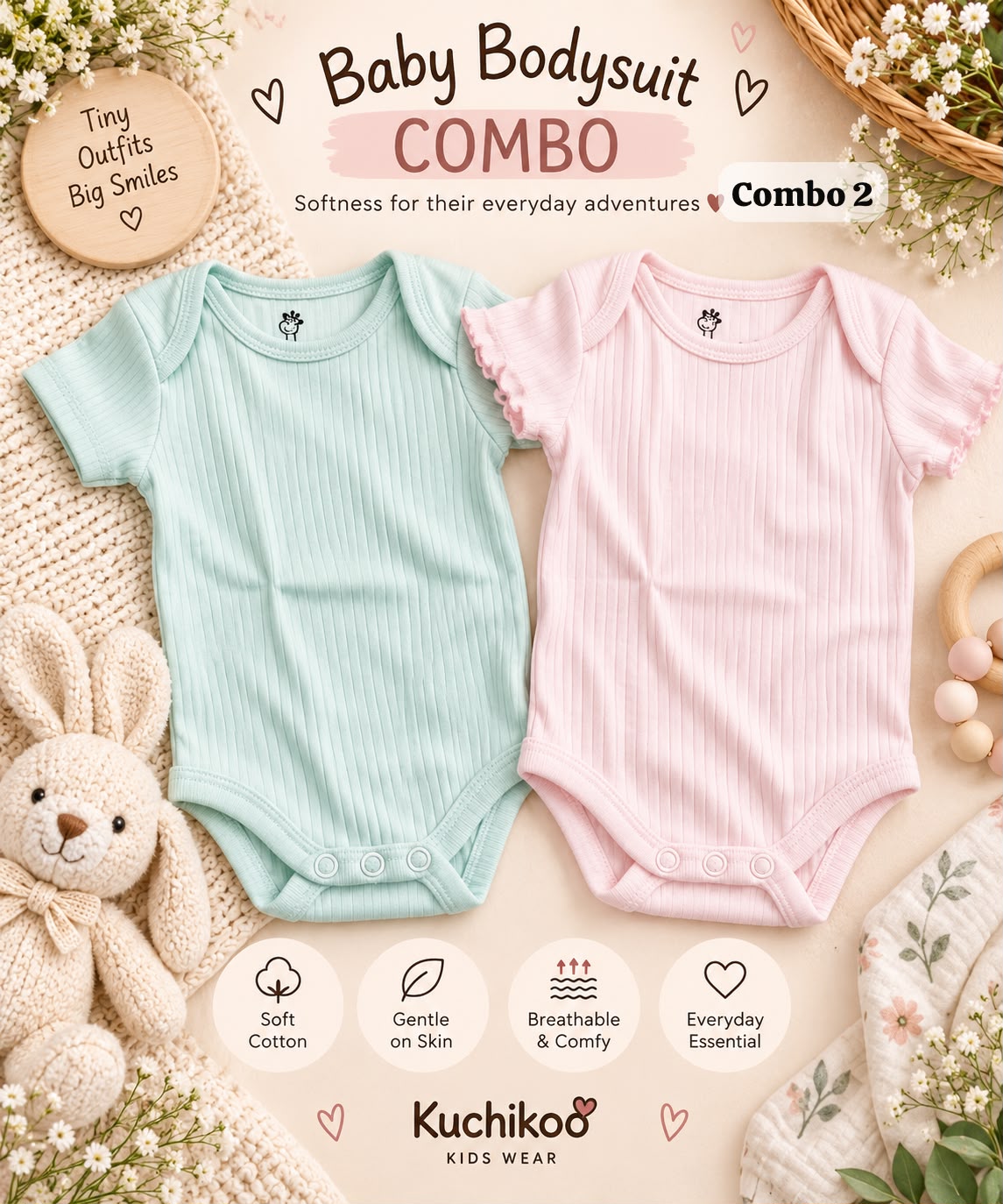 Premium Onesies For (0-6 Months )| Combo of 2 | Soft and Breathable