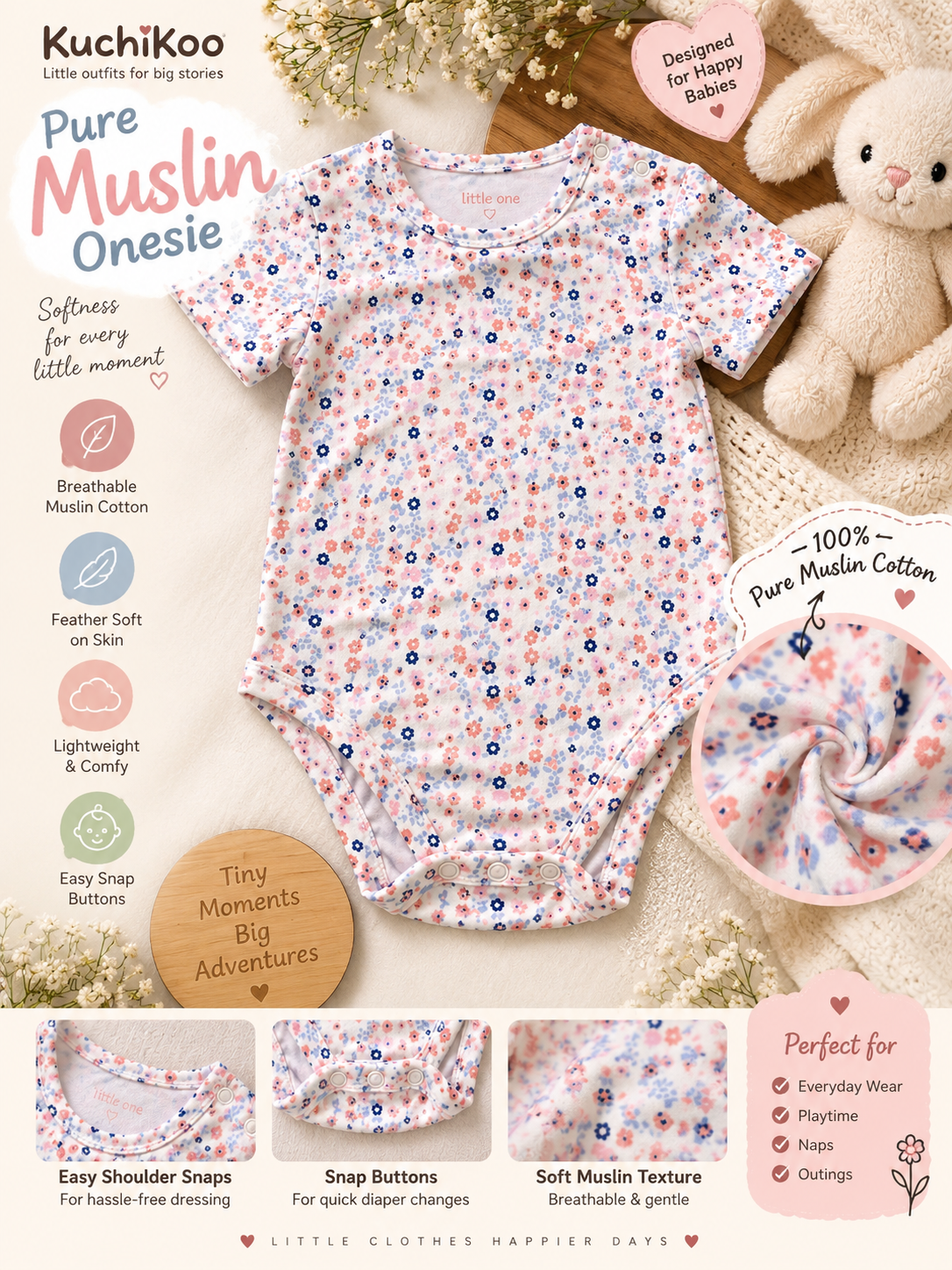 Pure Muslin Onesies For 12 To 18 Months