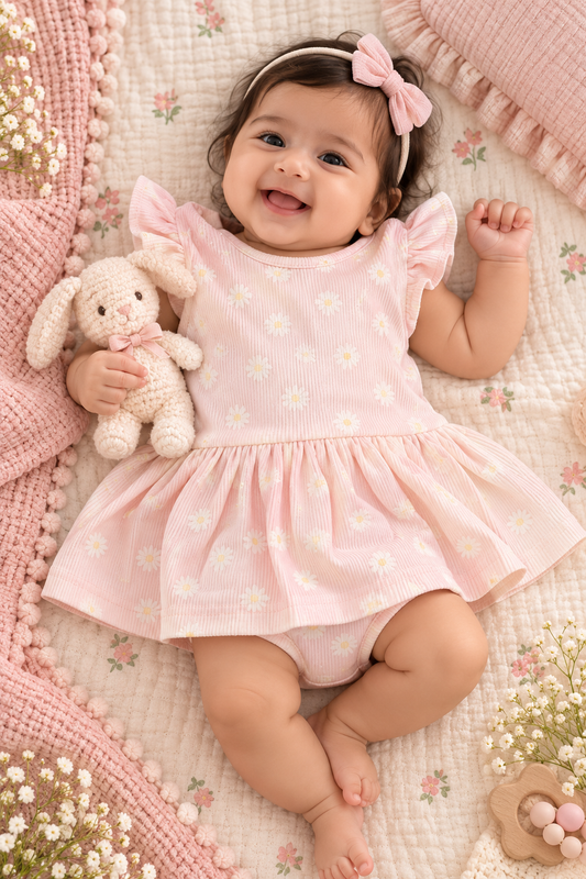 Floral Ribbed Cotton Ruffle Rompers For 0 To 6 Months